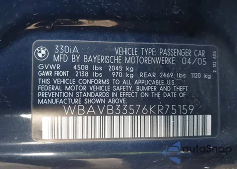 2006 BMW 330I из США, поврежденный, VIN WBAVB33576KR75159